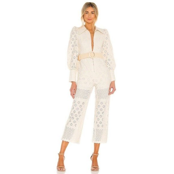 RAISSA Belted Jumpsuit Butter Beige Eyelet Belted Boho Revolve Zipper S NWT $473 - Picture 1 of 6